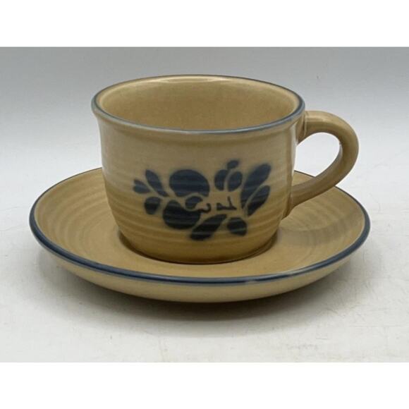 VTG Pfaltzgraff Folk Art 5‑Pc Place Setting Blue Floral (1977)Tan USA Stoneware - Picture 11 of 16